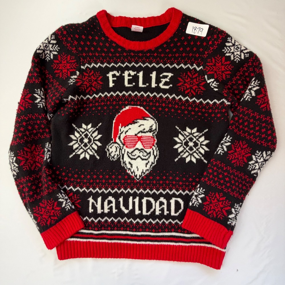 Holiday Time Sweater XL 14-16 Black Feliz Navidad Santa Ugly Christmas Knit